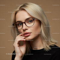 Elegant Blonde Woman in Glasses with Hand on Chin