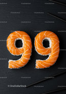 Sushi rice and salmon shaped as number ninety nine