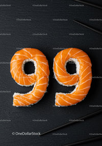 Sushi rice and salmon shaped as number ninety nine