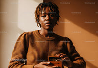 Stylish Woman with Dreadlocks Holding Jewelry Box in Warm Indoor Lighting