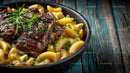 Hearty Beef and Cherry Tomato Pasta in Rustic Skillet