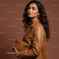 Elegant Woman Wearing Brown Leather Jacket Holding Clutch on Modern Background