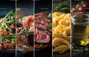 Close-up of delicious assorted Italian dishes including pasta and steak