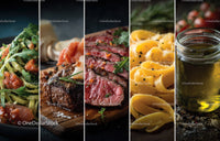 Close-up of delicious assorted Italian dishes including pasta and steak