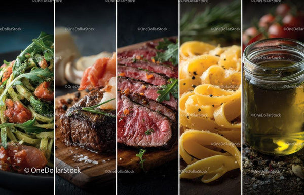 Close-up of delicious assorted Italian dishes including pasta and steak