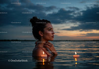 Woman in Black Bikini with Candles Floating in Lake at Sunset
