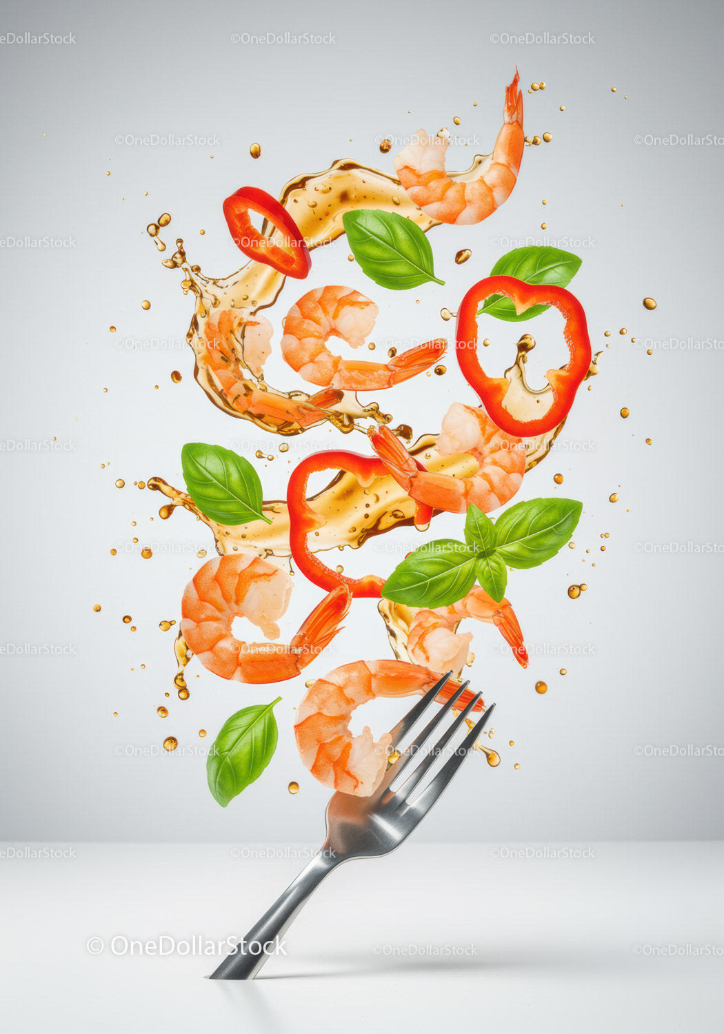 Fresh shrimp and herbs with splash of sauce on fork