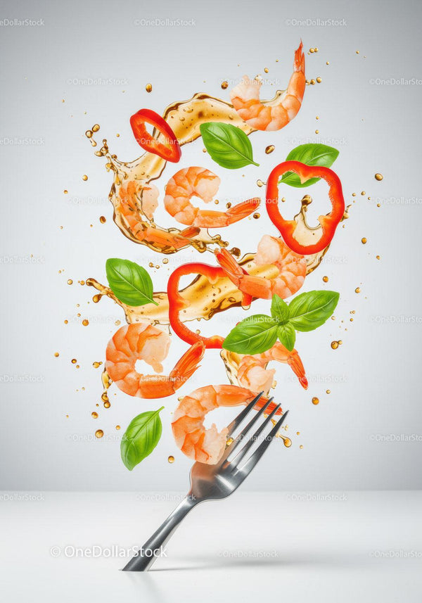 Fresh shrimp and herbs with splash of sauce on fork