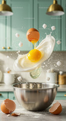 Fresh egg yolk and milk splash over mixing bowl