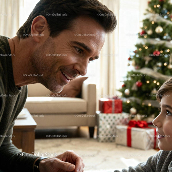 Father and Son Sharing Joyful Moment by Christmas Tree