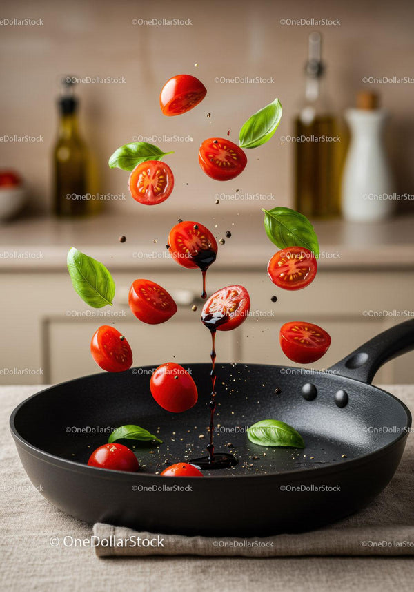 Fresh cherry tomatoes and basil leaves falling into pan
