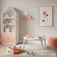 Cute Pastel Children's Playroom with Wooden Toys and Wall Art