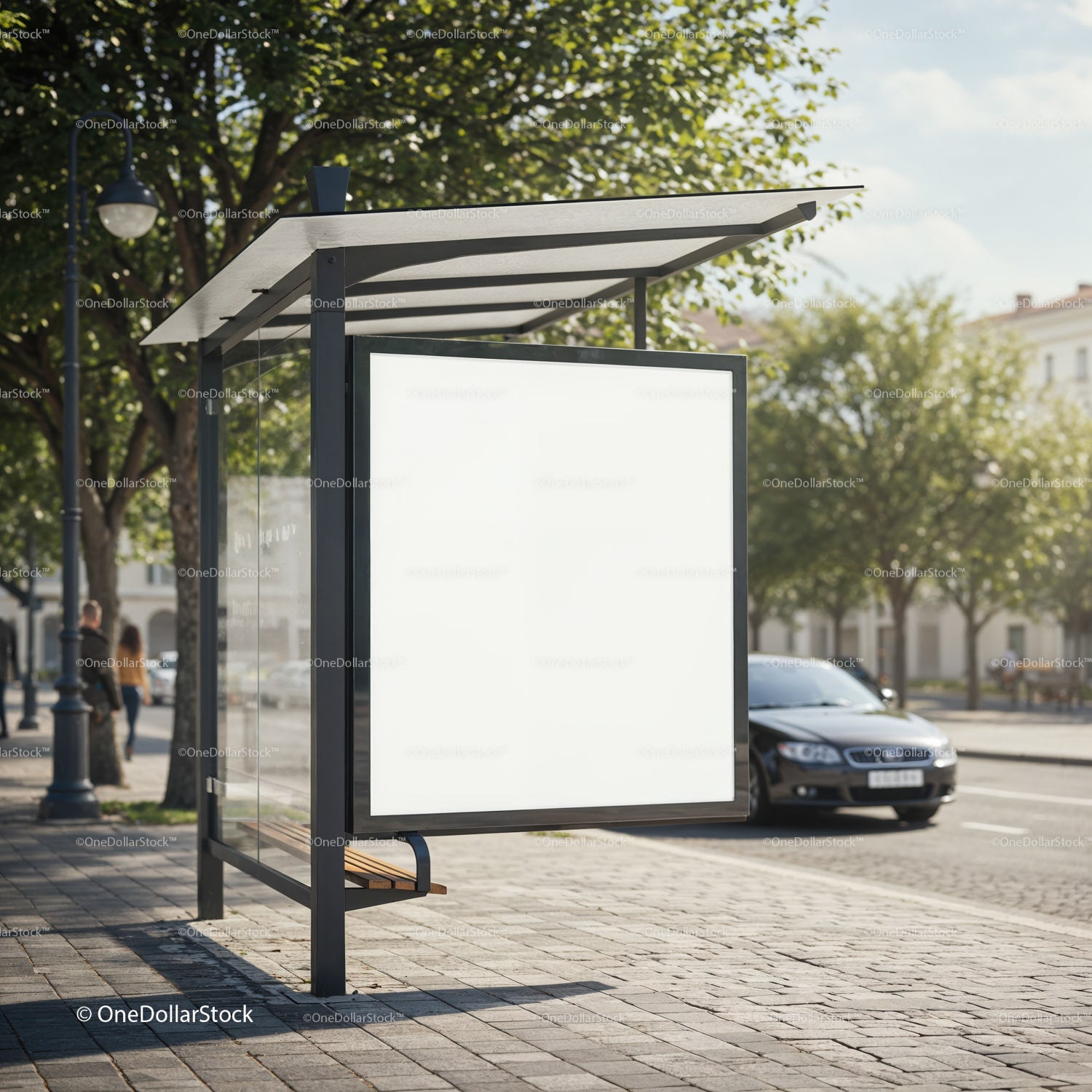 Modern urban bus stop with blank advertising panel
