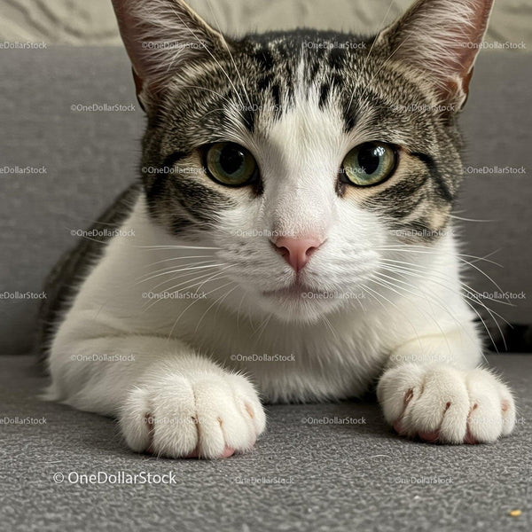 Close up of a curious tabby cat lying on gray surface