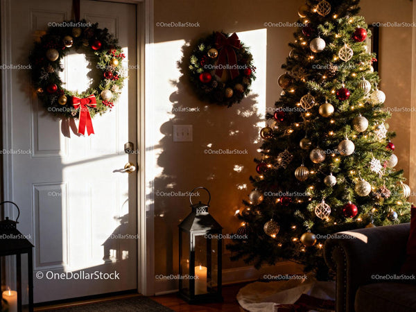 Cozy room with decorated Christmas tree and wreaths