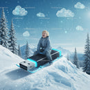 Child sledding on giant USB drive in snowy landscape