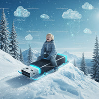 Child sledding on giant USB drive in snowy landscape