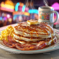Stack of Fluffy Pancakes with Bacon and Syrup in Cozy Breakfast Setting