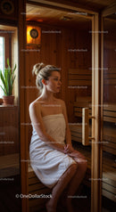 Relaxing Woman Sitting Inside Wooden Sauna with Towel in Wellness Center