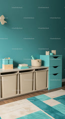 Modern Kids Room with Bright Blue Storage and Cozy Decor