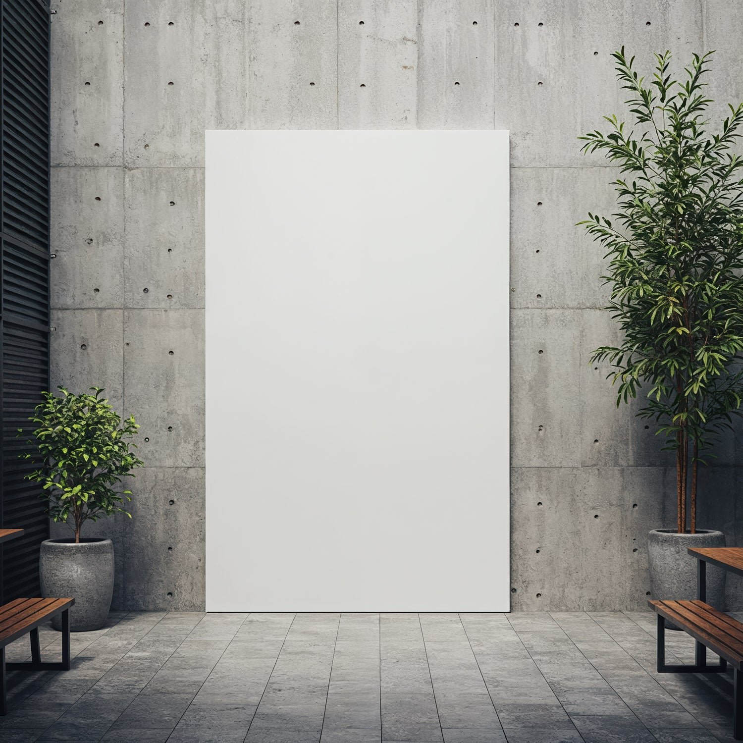 Minimalist urban space with blank poster and plants