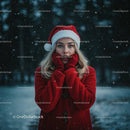 Young woman in red coat and Santa hat in snowy forest