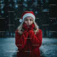 Young woman in red coat and Santa hat in snowy forest