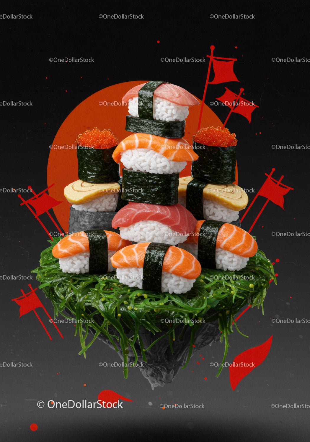 Creative sushi tower art with vibrant red accents