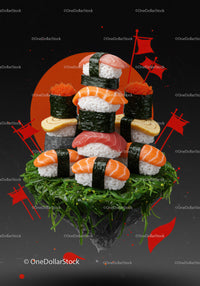 Creative sushi tower art with vibrant red accents