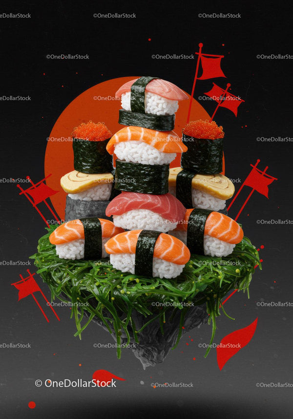 Creative sushi tower art with vibrant red accents