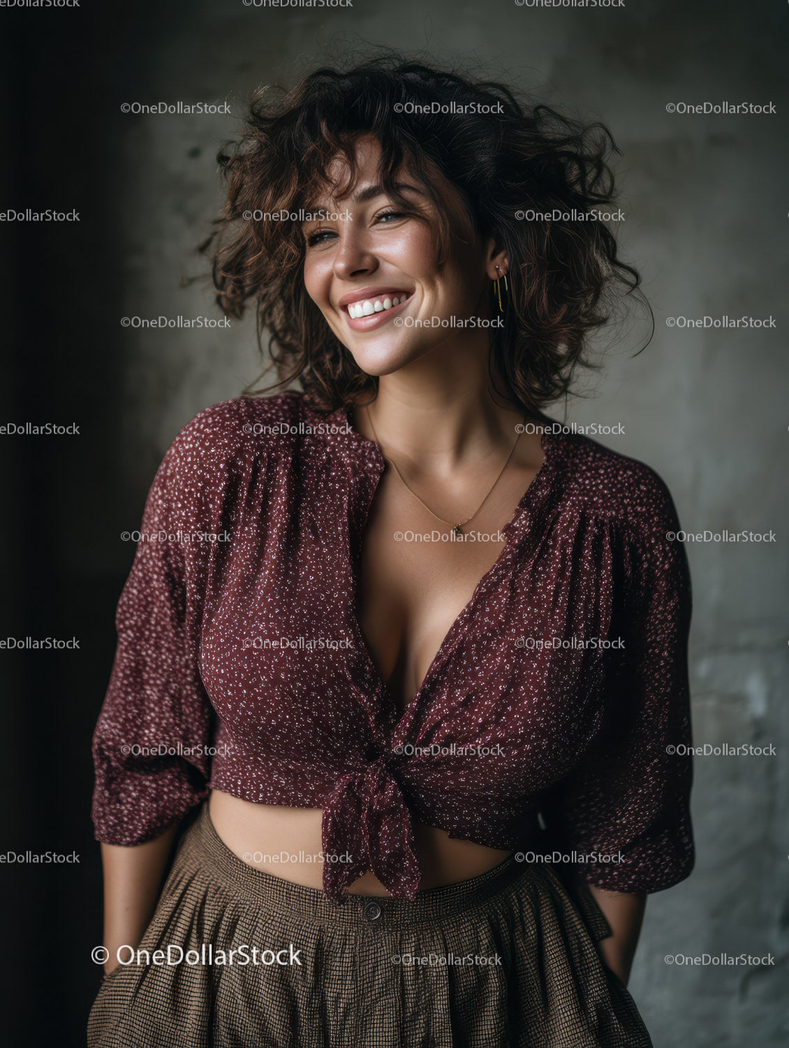 Confident Woman with Curly Hair Wearing Stylish Casual Outfit