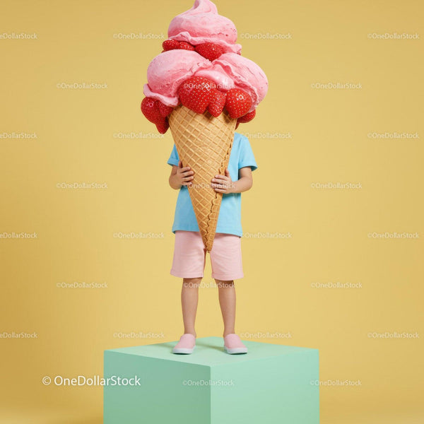 Dziecko Trzymające Olbrzymie Lody Truskawkowe