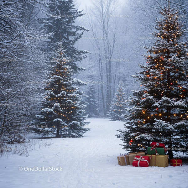 Snowy forest path with decorated Christmas trees and gifts