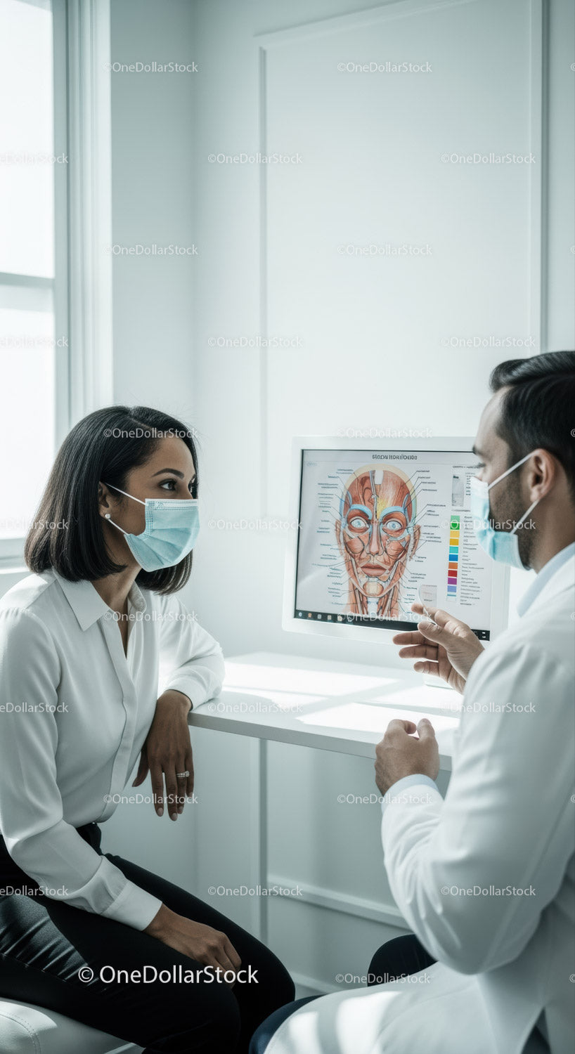 Specjaliści z zakresu opieki zdrowotnej badający wykres anatomii twarzy w nowoczesnej klinice