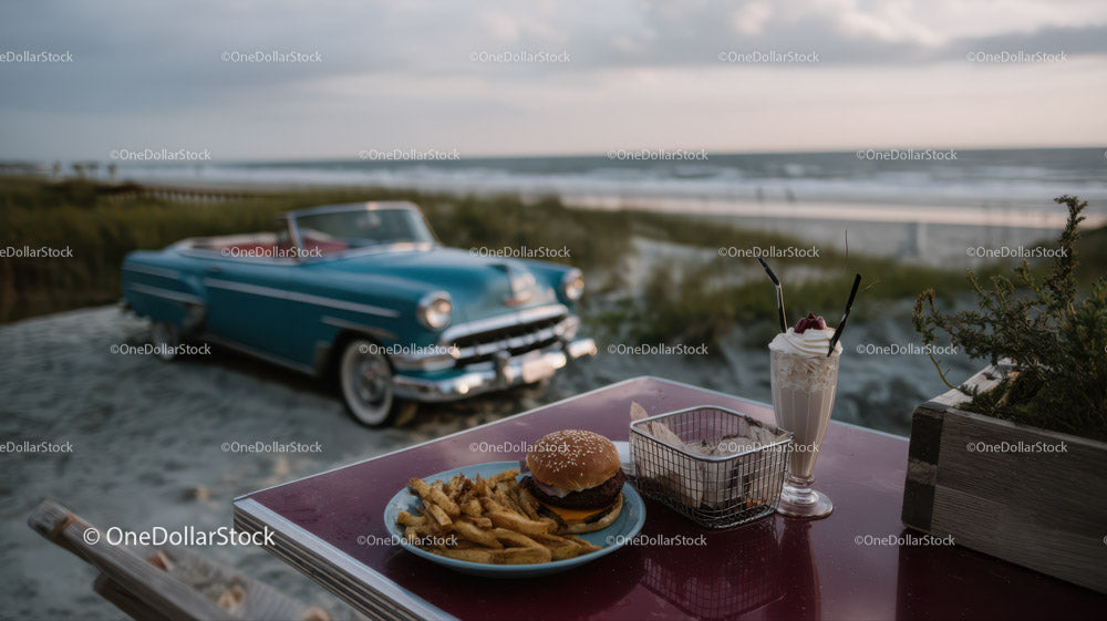 Zabytkowy kabriolet z restauracją przy plaży i widokiem na ocean
