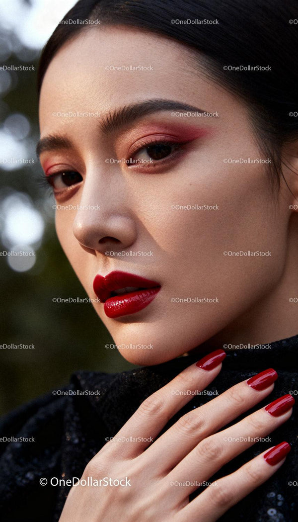 Zbliżenie na kobietę z wyrazistym czerwonym makijażem i manicure