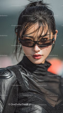 Elegant Woman in Black Outfit with Sunglasses