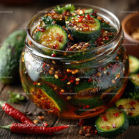 Vibrant Spicy Cucumber Kimchi in Glass Jar with Fresh Vegetables