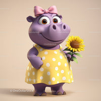 Cute Cartoon Hippo Holding Sunflower in Yellow Dress for Kids Illustration