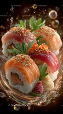 Colorful Sushi Rolls with Fish Roe and Fresh Herbs