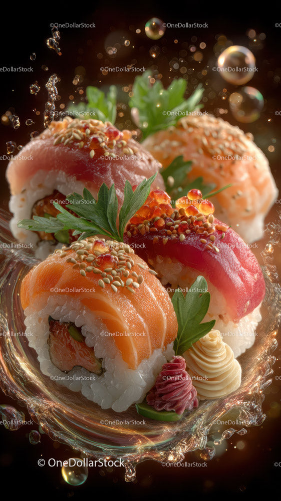 Colorful Sushi Rolls with Fish Roe and Fresh Herbs