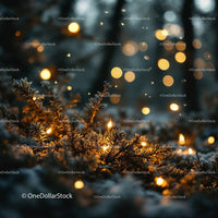 Frosted Pine Branches Illuminated by Warm Fairy Lights