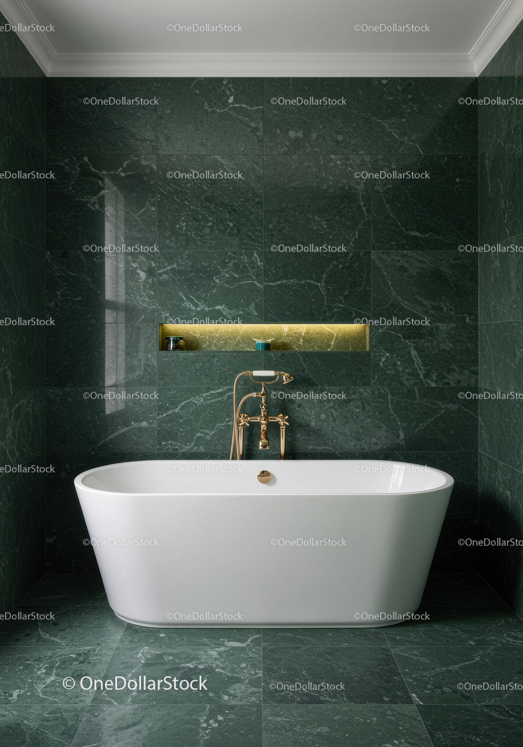 Luxurious Green Marble Bathroom with Gold Fixtures and Freestanding Tub
