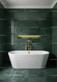 Luxurious Green Marble Bathroom with Gold Fixtures and Freestanding Tub