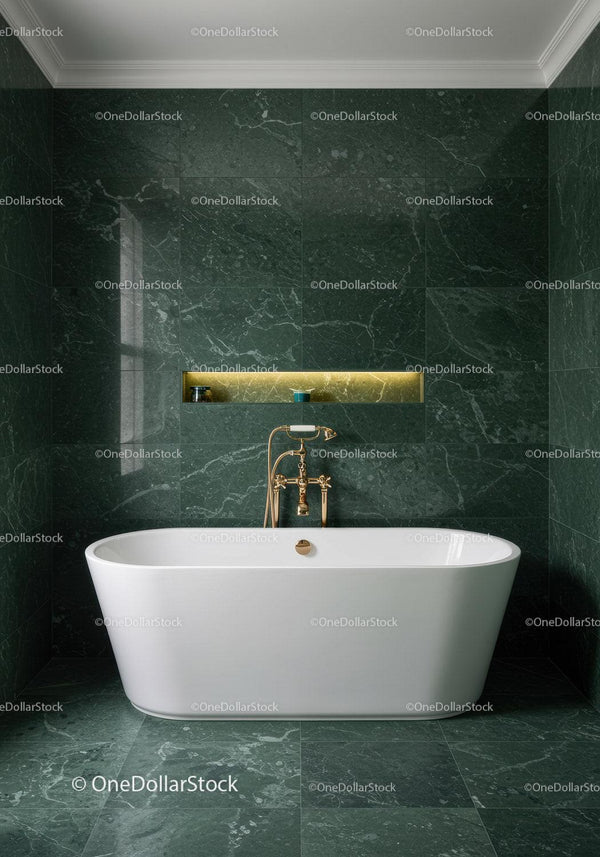 Luxurious Green Marble Bathroom with Gold Fixtures and Freestanding Tub