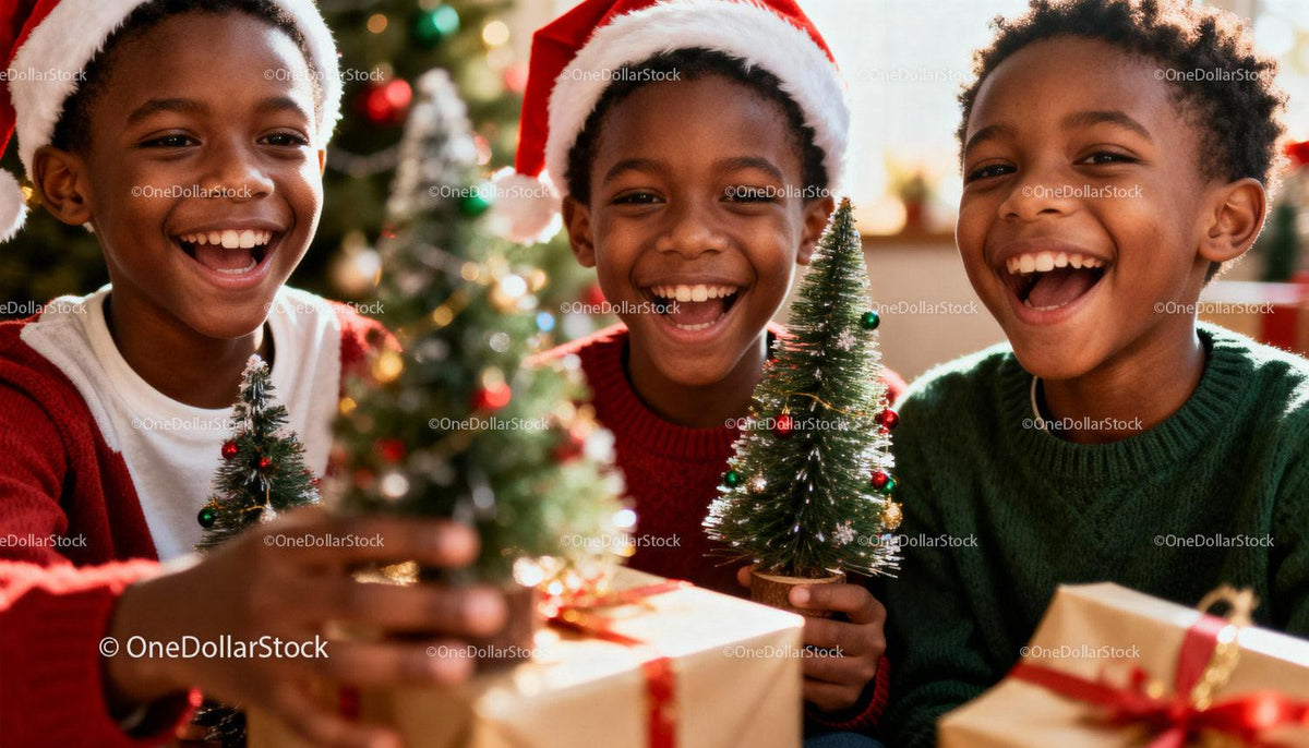 Happy children celebrating Christmas with gifts and trees