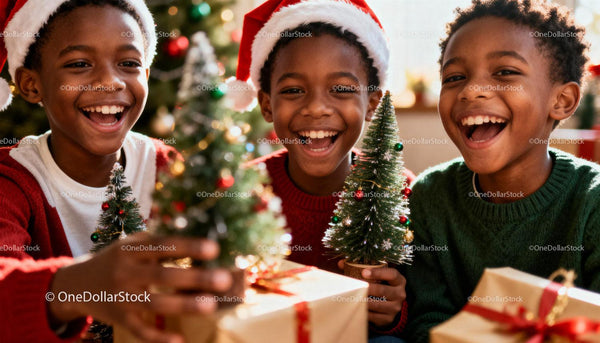 Happy children celebrating Christmas with gifts and trees