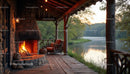Cozy lakeside porch with outdoor fireplace and scenic water view