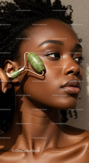 Close-Up of Black Woman Using Jade Roller for Facial Skin Care