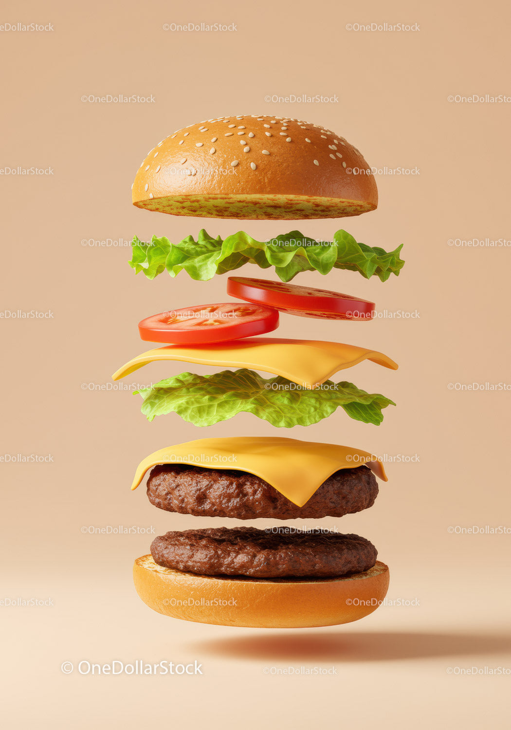 Deconstructed cheeseburger ingredients floating on neutral background
